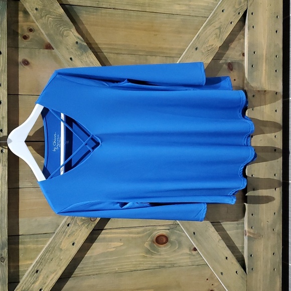 CHICOS SOLID BLUE LONG SLEEVE BLOUSE  VANITY SIZE 1 VNECK SPANDEX CAREER - Picture 1 of 8